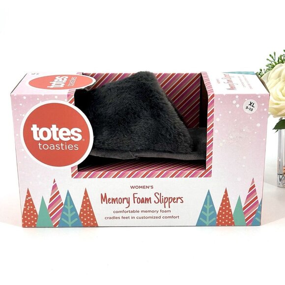 TOTES Womens Memory Foam Slippers Size 9-10 Slip On Gray Faux Fur NEW - Picture 1 of 6